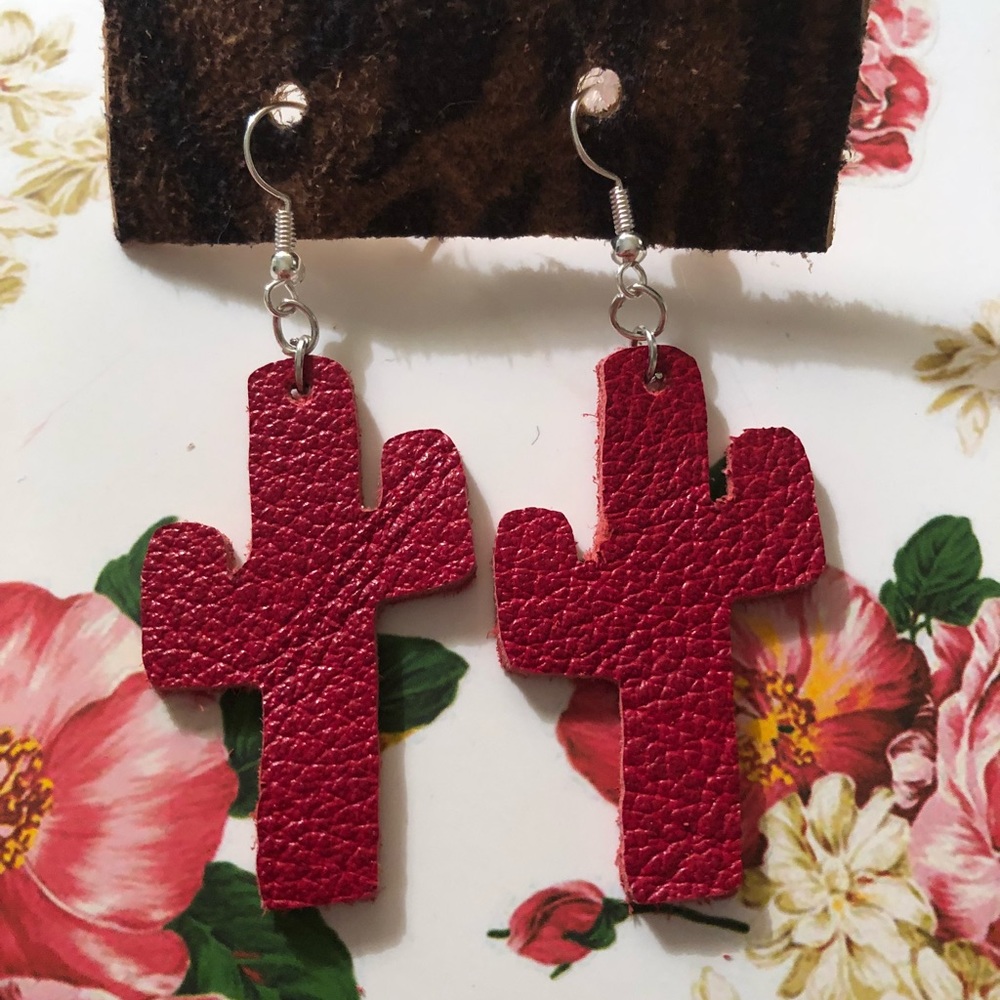 Red Leather Cactus Earrings
